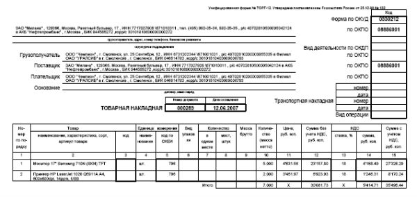 Товарная Накладная Торг 12